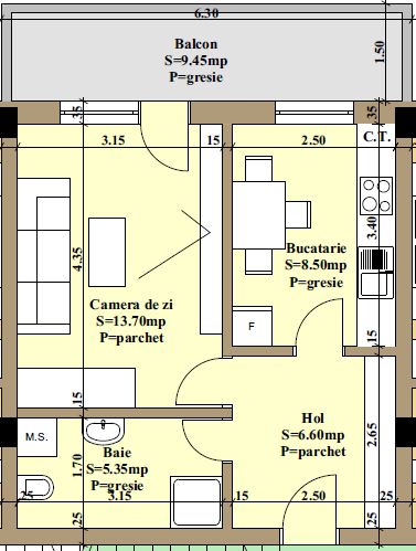 Apartament cu o camera, 42mp, bloc nou
